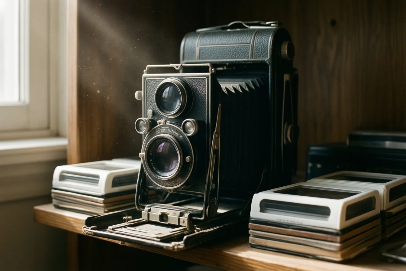 A vintage folding camera with lenses and a stack of negative sleeves on a shelf in a shaft of window light
