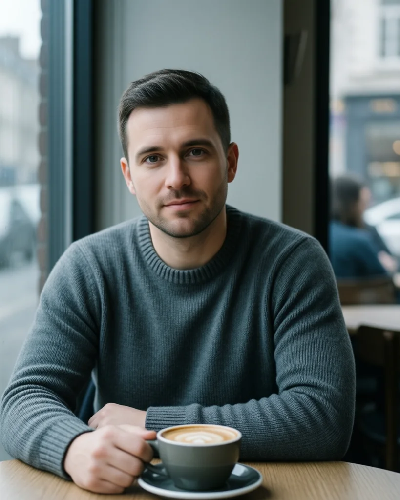 A man in a grey sweater at a cafe window, flat overcast light, straight out of camera