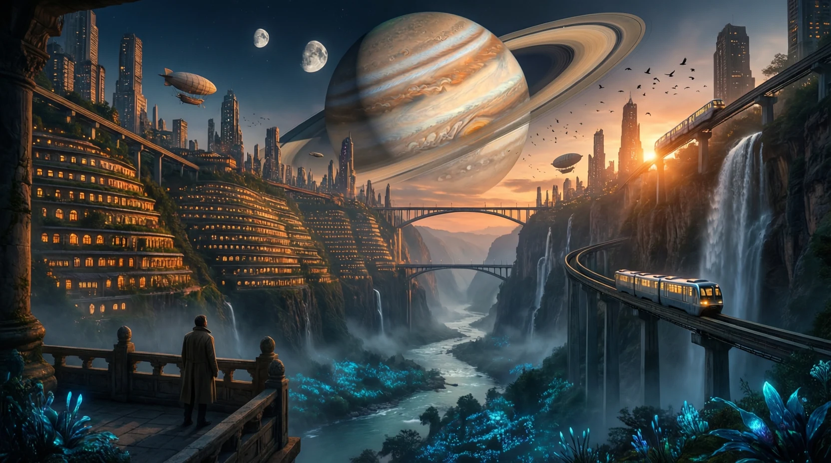 A vast terraced city carved into a canyon wall at dusk, thousands of lit windows, bridges and a monorail spanning the chasm, a river of mist and blue bioluminescent plants below, a ringed gas giant with two moons filling the sky, airships, waterfalls, and a lone figure on a stone balcony